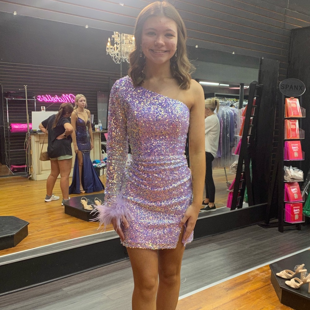 Lavender Sequin One-Shoulder Homecoming Dress with Feather Cuff